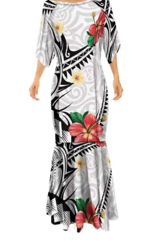 White tribal print mermaid dress